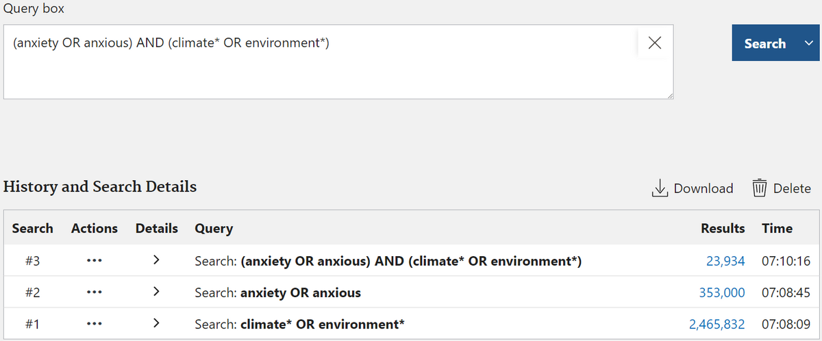 [Translate to English:] Eksempel på en sammensat søgning i en database - med brug af booleske operatorer, som beskrevet i teksten ovenfor.
