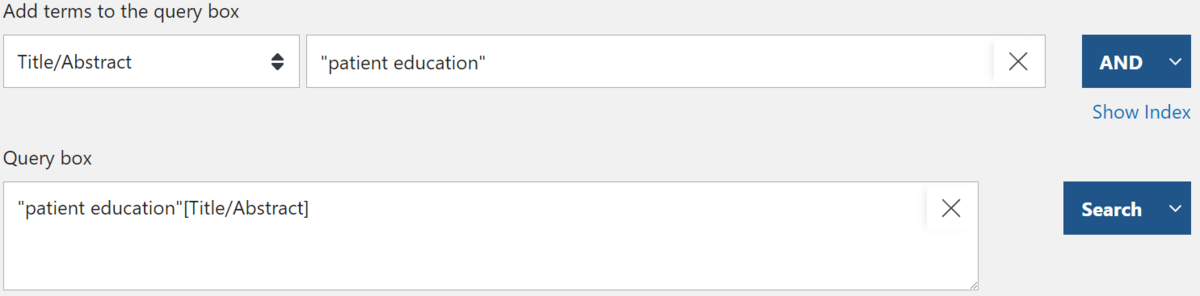 Eksempel på en søgning på begrebet "patient education" i titel og abstract i databasen PubMed, som beskrevet ovenfor.